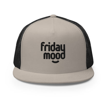 A khaki and black 5-panel trucker cap with a subtle "friday mood" phrase on the front panel, featuring a comfortable mesh back and a stylish flat bill, designed for those who love to express their laid-back weekend vibe.