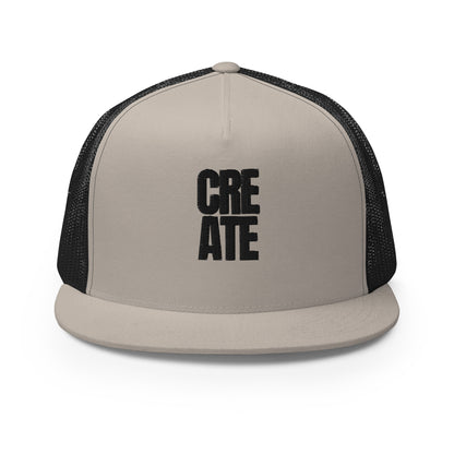 A stylish khaki and black 5-panel trucker cap with the word "CREATE" boldly displayed on the front, featuring a mesh back for ventilation and an adjustable snapback for a personalized fit, designed for the artist in everyone.