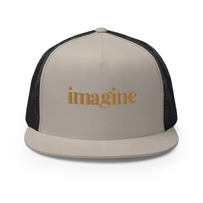 A sleek khaki and black 5-panel trucker cap with "imagine" elegantly scripted in gold on the front, featuring a breathable mesh back and a customizable snapback closure, perfect for creatives and thinkers alike.