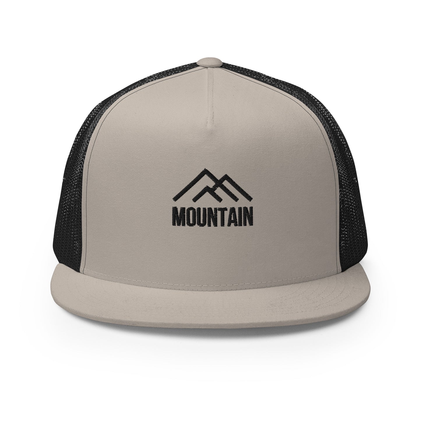 A dark khaki and black 5-panel trucker cap featuring a subtle mountain silhouette with the word "MOUNTAIN" below it, complete with a mesh back and an adjustable snapback, perfect for outdoor enthusiasts and adventurers.