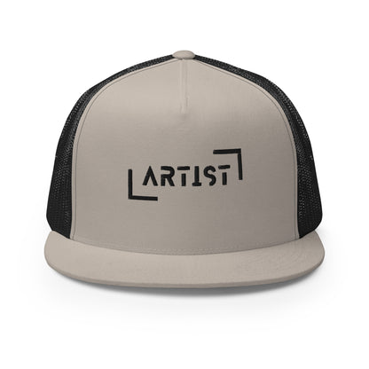 A sophisticated khaki and black 5-panel trucker cap with the word "ARTIST" embossed on the front, featuring a mesh back and an adjustable snapback closure, ideal for artists and creative minds who love to showcase their identity.