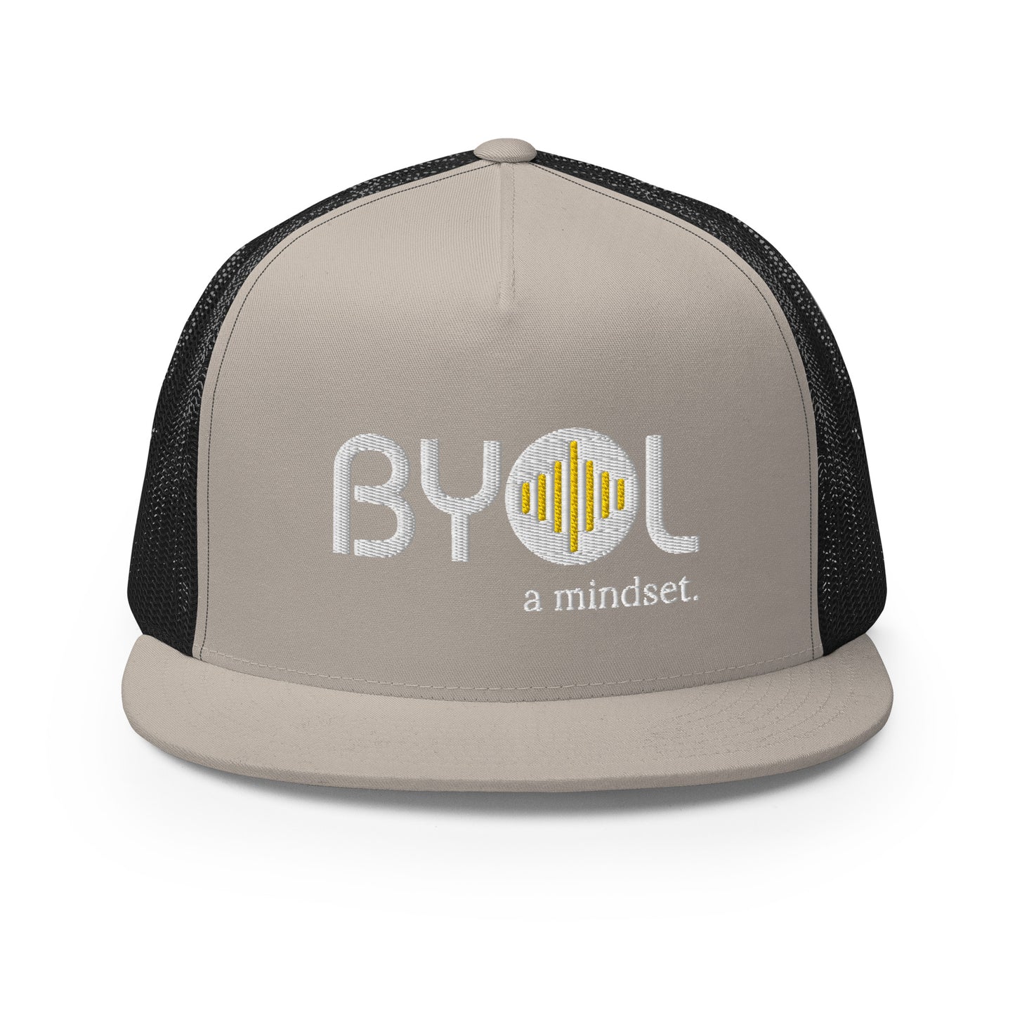 Khaki and black 5-panel trucker hat with "BYOL a mindset" embroidered on the front in white and yellow, displayed against a clean background. Available in various colors: gray, maroon, white and blue, blue, and teal.