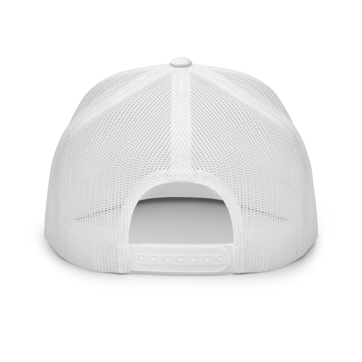 The back view of a white mesh trucker cap with an adjustable snapback closure, showcasing its breathable design and sturdy structure, ideal for a comfortable and secure fit.