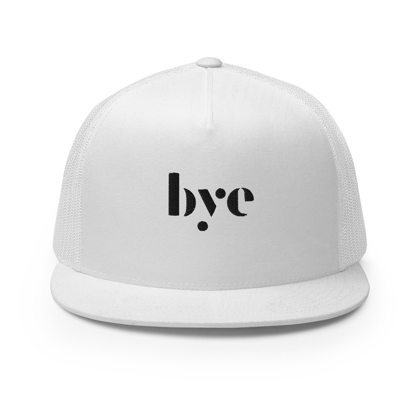 A white snapback hat featuring a mesh back for breathability and a solid front panel with the lowercase letters "b.y.o" stylized and embroidered in a dark, contrasting shade. The cap has a flat brim and appears to be adjustable, suitable for a casual, stylish look.