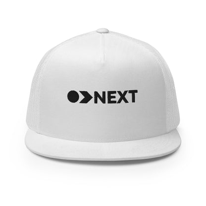 A white 5-panel trucker cap with a dark, embossed "NEXT" logo on the front, featuring a breathable mesh back and a flat bill, designed for trendsetters and go-getters.