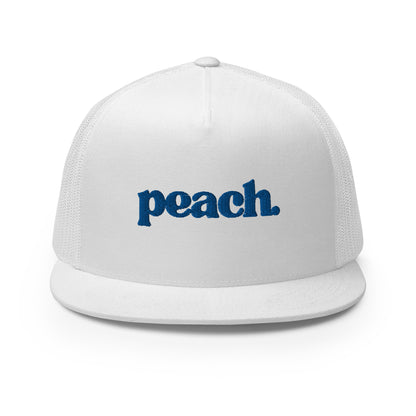 A white 5-panel trucker cap with "peach" written in striking blue script across the front, featuring breathable mesh backing and a classic snapback closure.