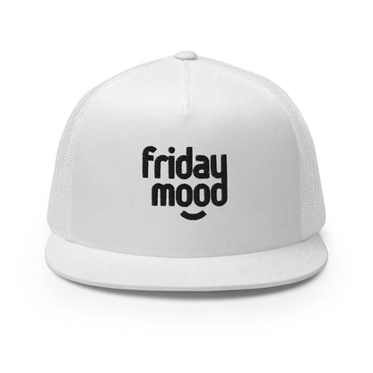 A white 5-panel trucker cap with a subtle "friday mood" phrase on the front panel, featuring a comfortable mesh back and a stylish flat bill, designed for those who love to express their laid-back weekend vibe.