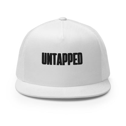 A sophisticated white 5-panel trucker cap with embossed "UNTAPPED" lettering on the front, featuring a mesh back for breathability and an adjustable snapback closure for the perfect fit.