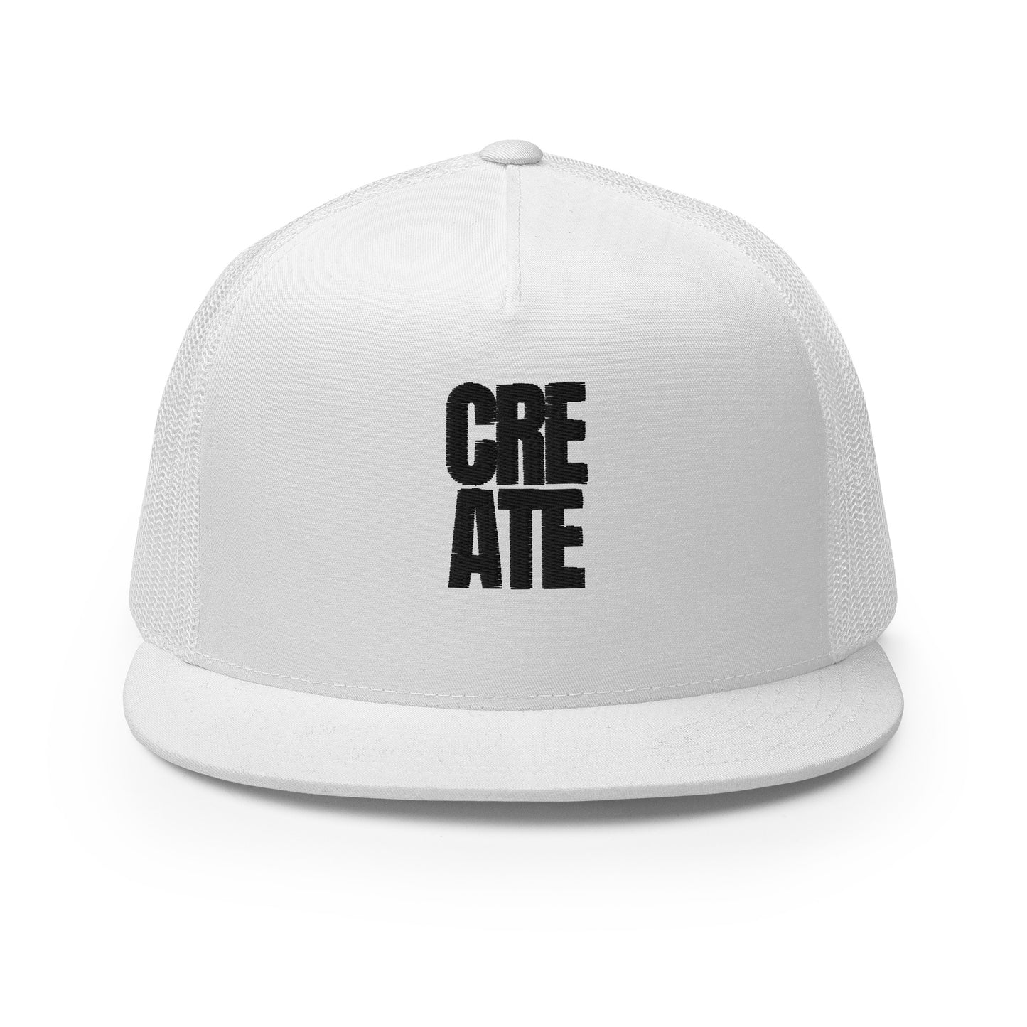 A stylish white  5-panel trucker cap with the word "CREATE" boldly displayed on the front, featuring a mesh back for ventilation and an adjustable snapback for a personalized fit, designed for the artist in everyone.