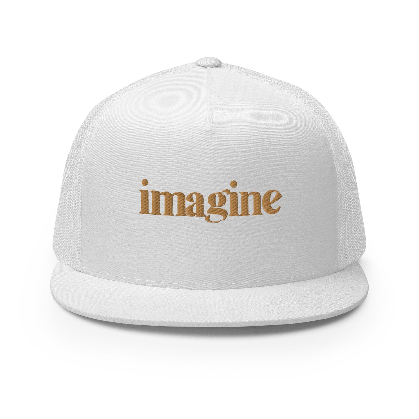 A sleek white 5-panel trucker cap with "imagine" elegantly scripted in gold on the front, featuring a breathable mesh back and a customizable snapback closure, perfect for creatives and thinkers alike.