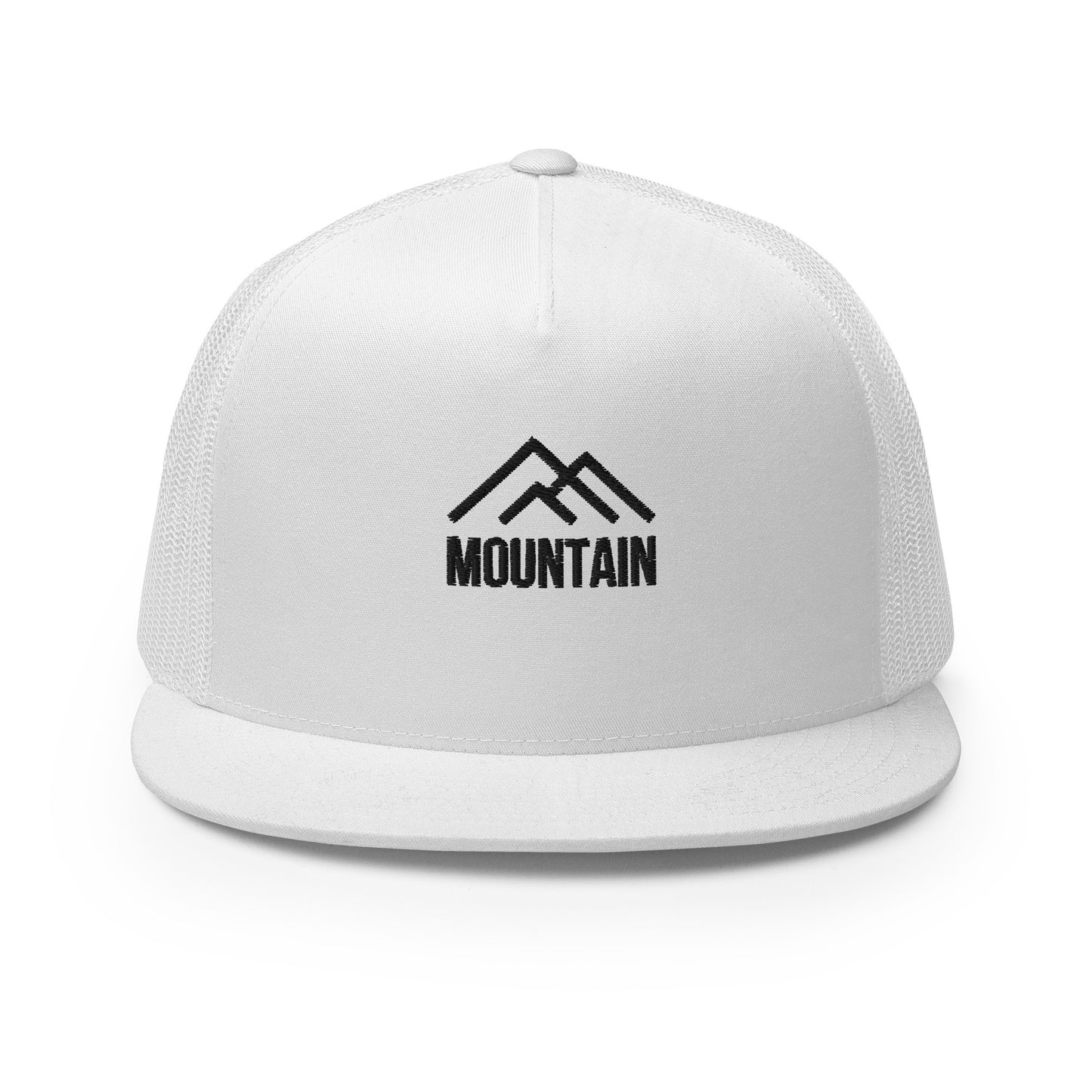 A dark white 5-panel trucker cap featuring a subtle mountain silhouette with the word "MOUNTAIN" below it, complete with a mesh back and an adjustable snapback, perfect for outdoor enthusiasts and adventurers.