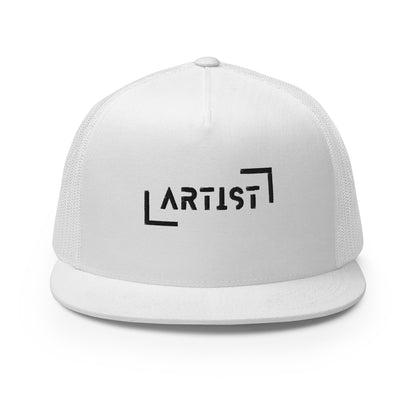 A sophisticated white 5-panel trucker cap with the word "ARTIST" embossed on the front, featuring a mesh back and an adjustable snapback closure, ideal for artists and creative minds who love to showcase their identity.