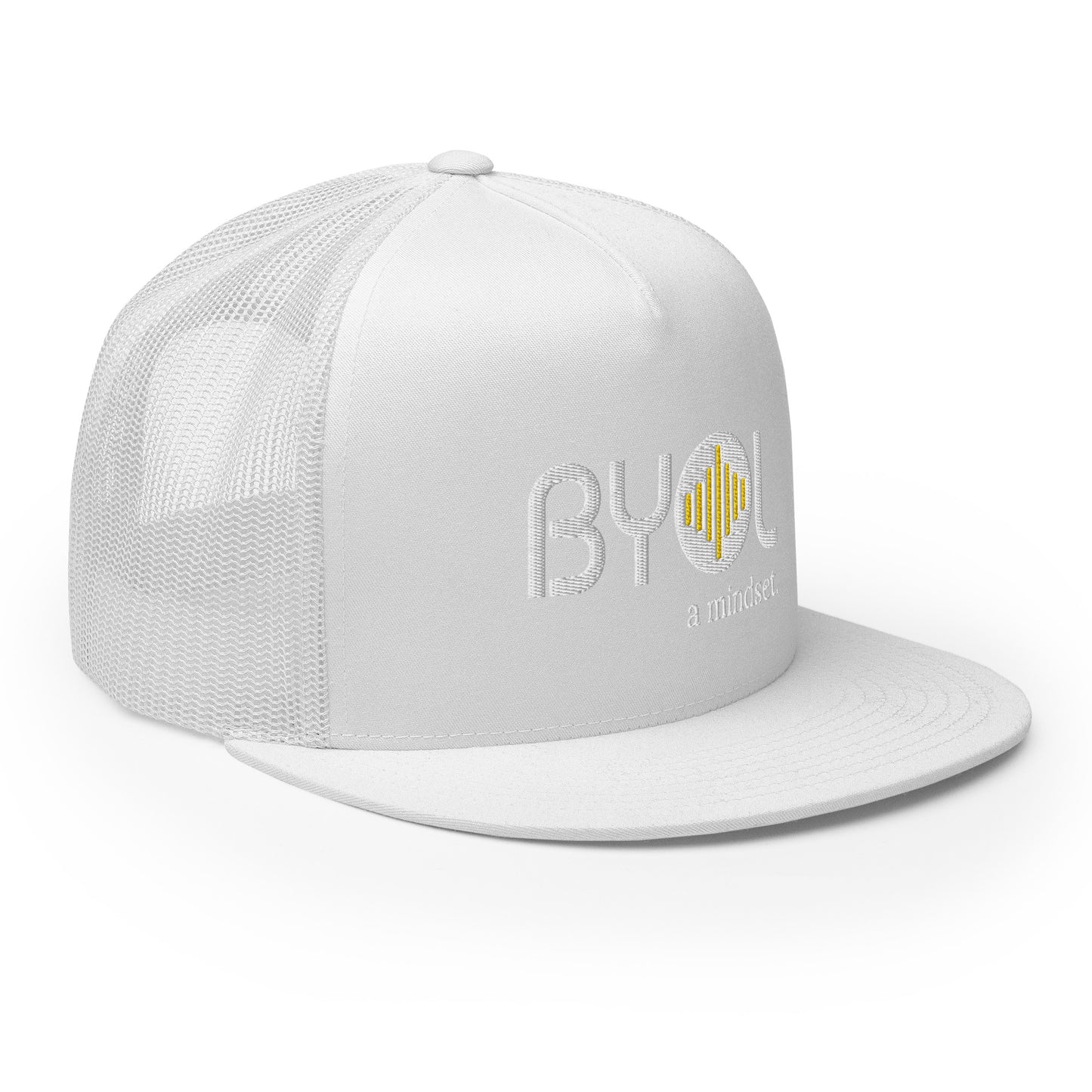 White 5-panel trucker hat with "BYOL a mindset" embroidered on the front in white and yellow, displayed against a clean background. Available in various colors: gray, maroon, white and blue, blue, and teal.