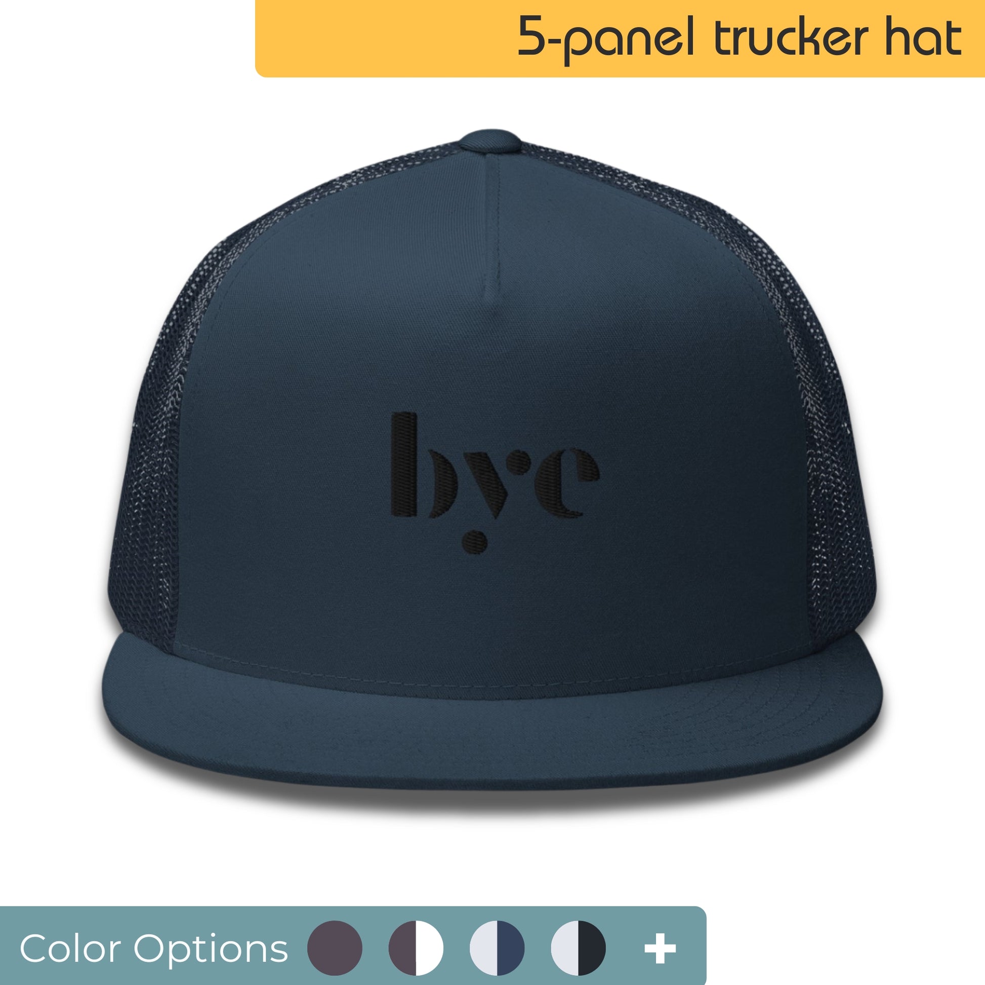 Navy blue 5-panel trucker hat with the stylized logo "b.y.c" in a slightly darker shade, featuring a snapback closure and breathable mesh back, displayed alongside a color options palette for customization.