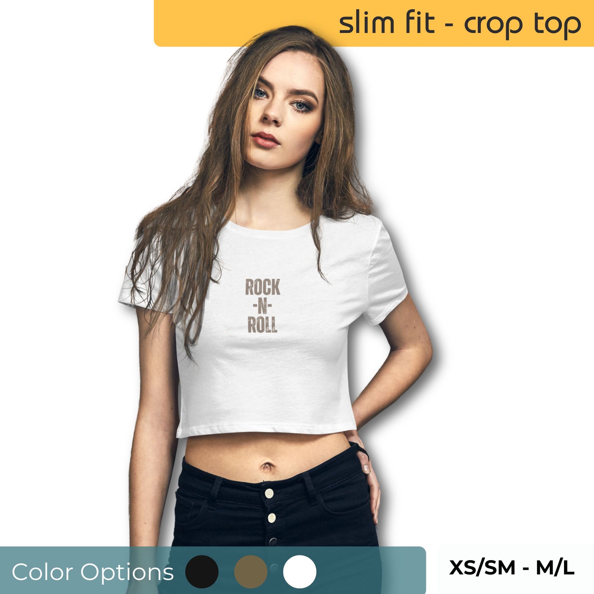 Model wearing a white 'ROCK -N- ROLL' printed slim-fit crop top, available in color options and sizes XS/SM to M/L, offering a mix of edgy and casual style.