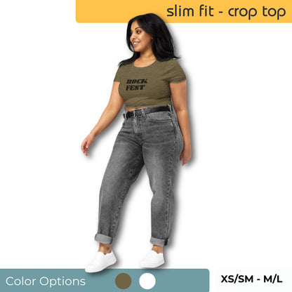 Woman wearing olive green slim fit crop top with "Rock Fest" print paired with high-waisted jeans, available in multiple sizes.