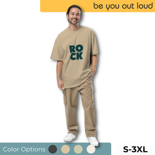 Man smiling in casual beige matching two-piece set with oversized 'ROCK' print t-shirt, available in sizes S to 3XL, shown with color options including black, grey, teal, and beige.