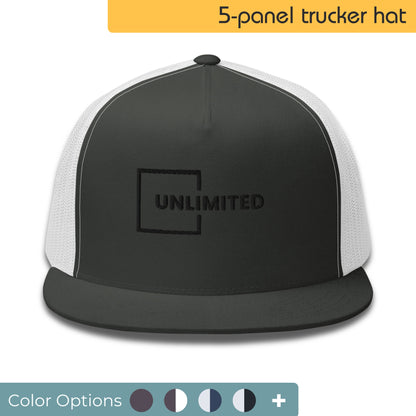 Black and white trucker hat with the word "UNLIMITED" embossed in a square logo on the front, displayed against a color options palette, designed for versatile style and self-expression.