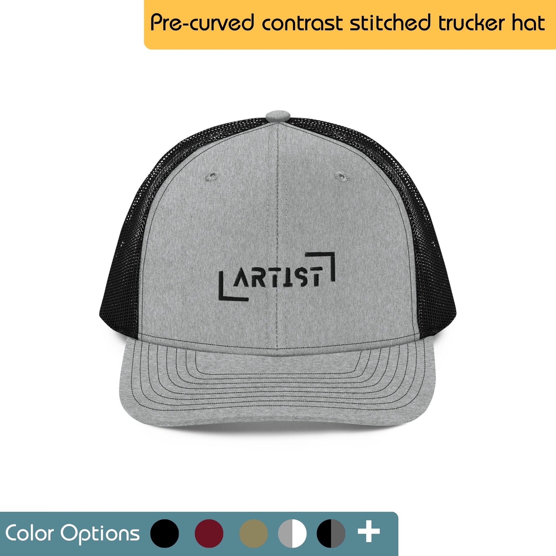 Black trucker hat with the word "VINTAGE" embroidered in a yellow-orange gradient across the front. The brim is yellow-orange. Text "Trucker Cap" is written above the image. There are also swatches showing multiple color options.