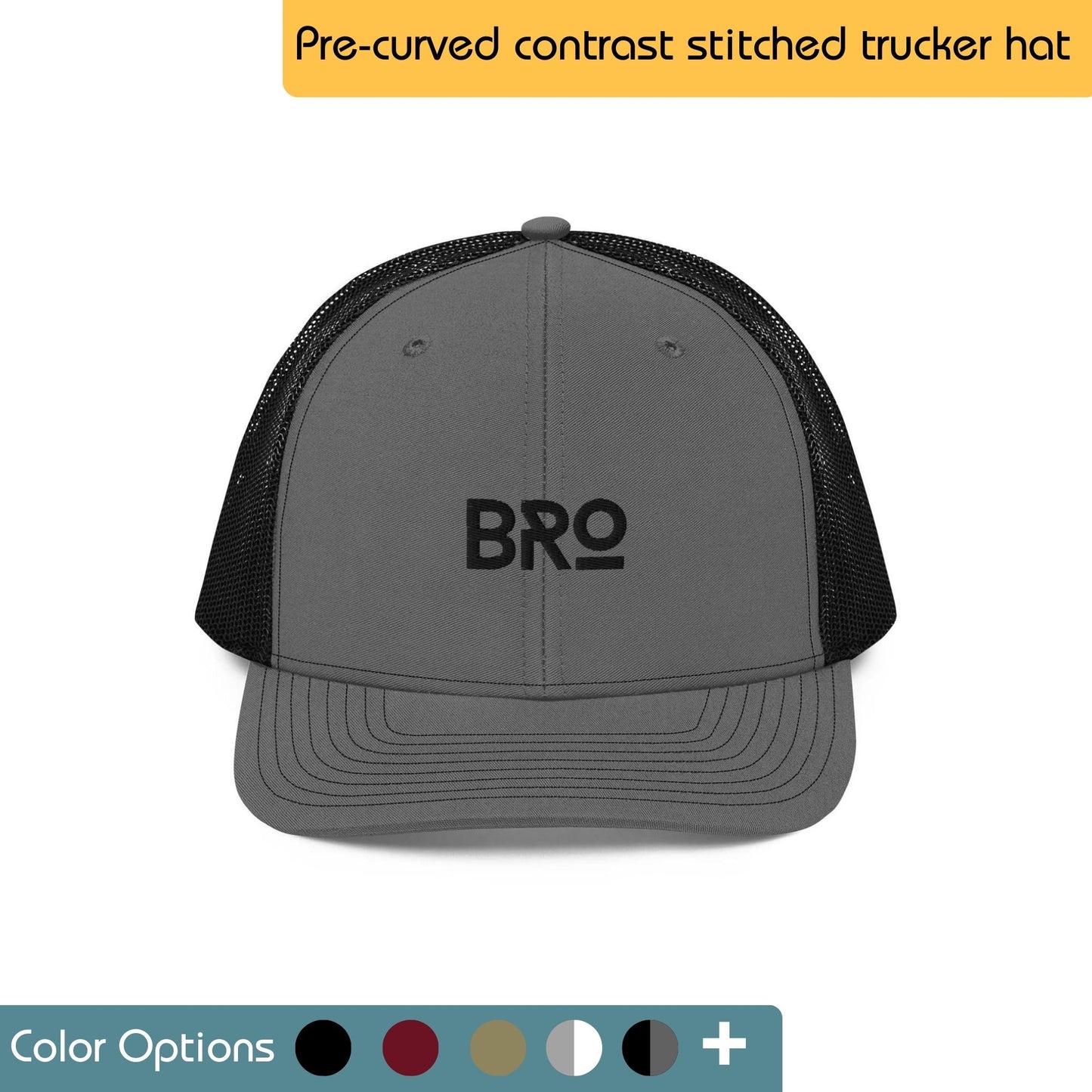 Blue trucker hat with the word "BRO" embroidered in white on the front. Text "Bro Hat" is written above the image. There are also swatches showing multiple color options.