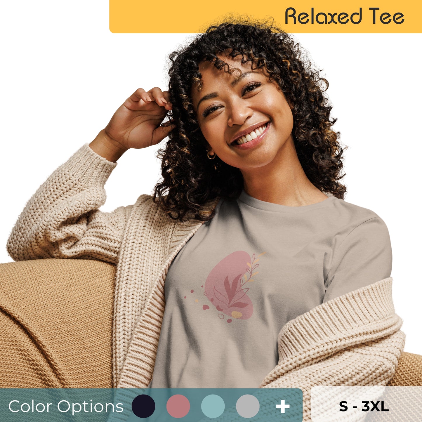 Woman wearing a relaxed tee with a subtle abstract floral graphic design, embodying comfortable and authentic fashion by BYOL. Showing multiple color and size options