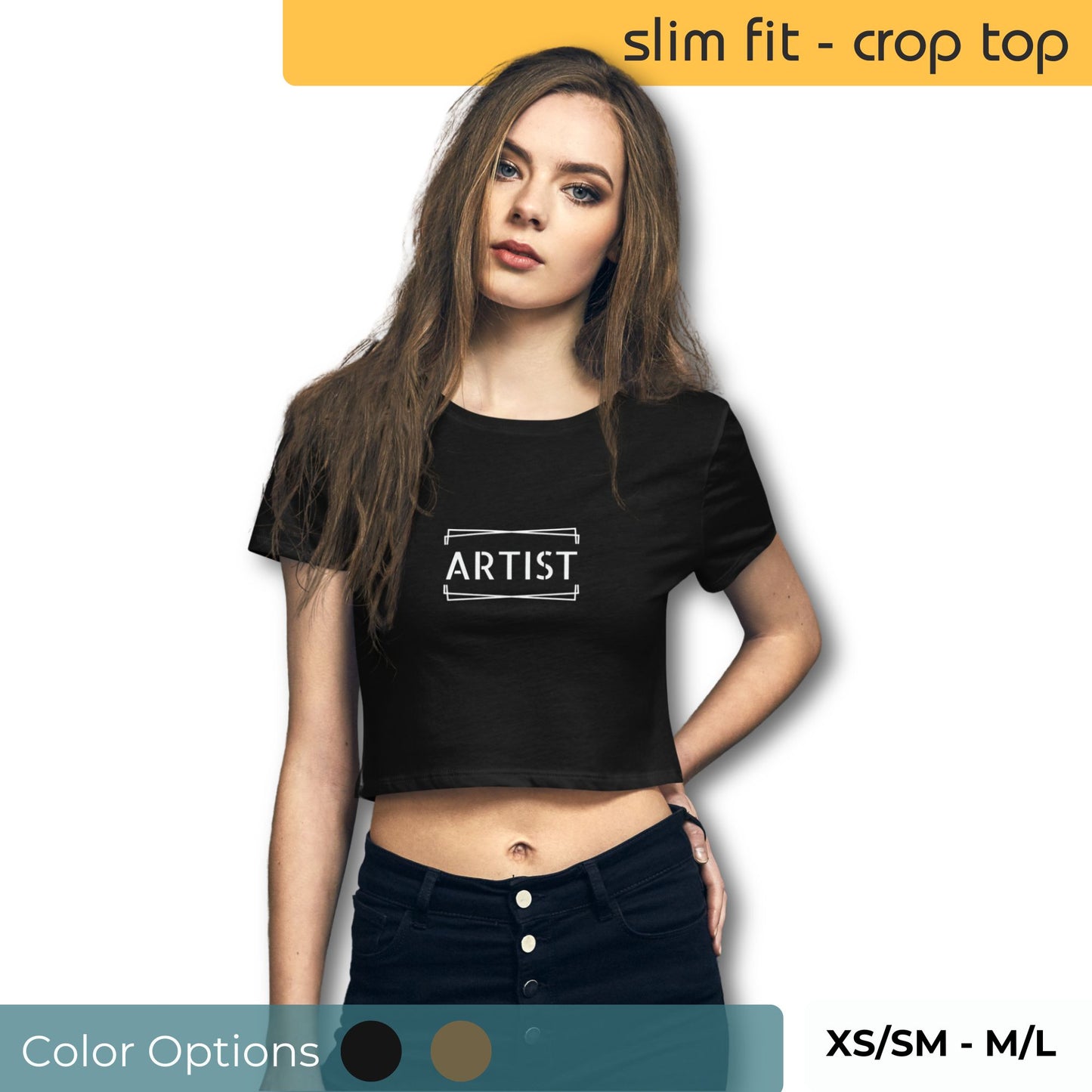 Young woman wearing a black slim fit crop top with 'ARTIST' text design, offered in various colors and sizes ranging from XS/SM to M/L.