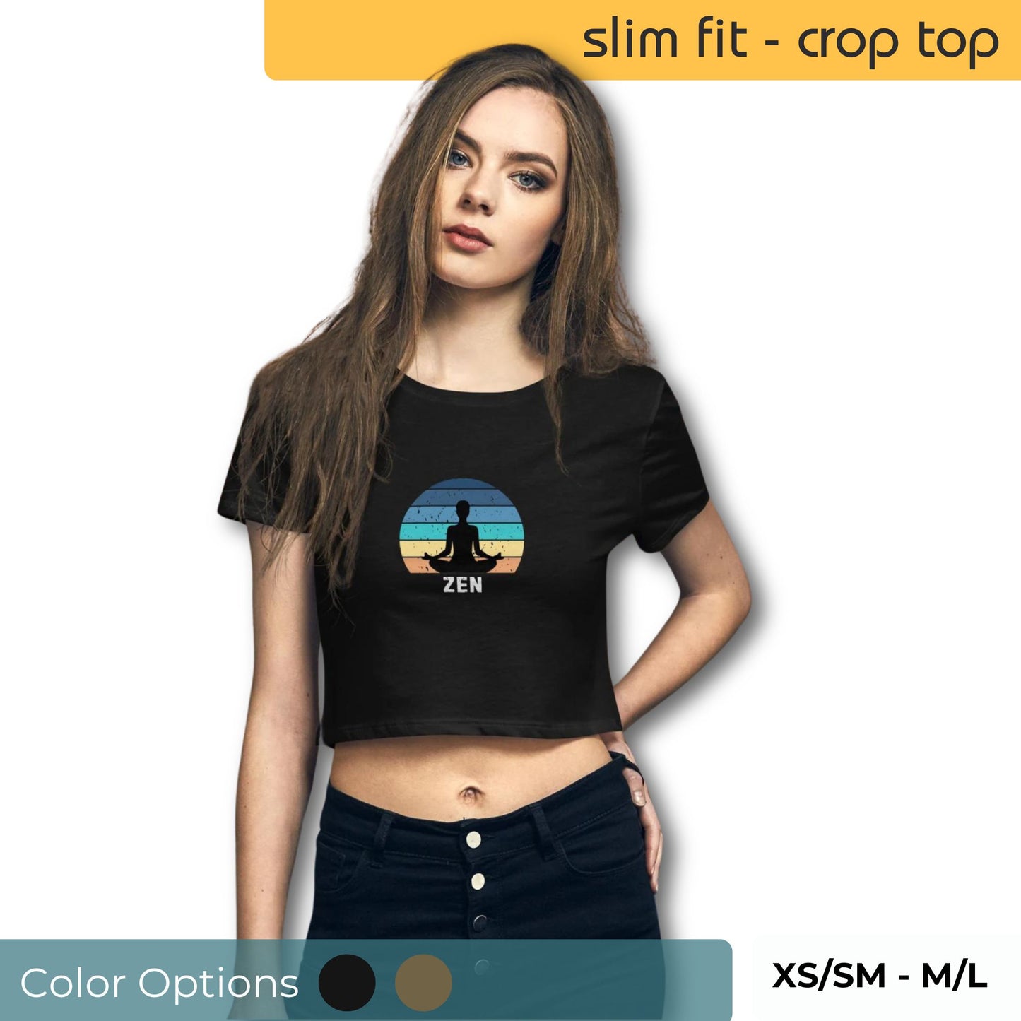 Woman in a black slim fit crop top with a calming 'Zen' meditation graphic in sunset colors, available in sizes XS/SM to M/L.