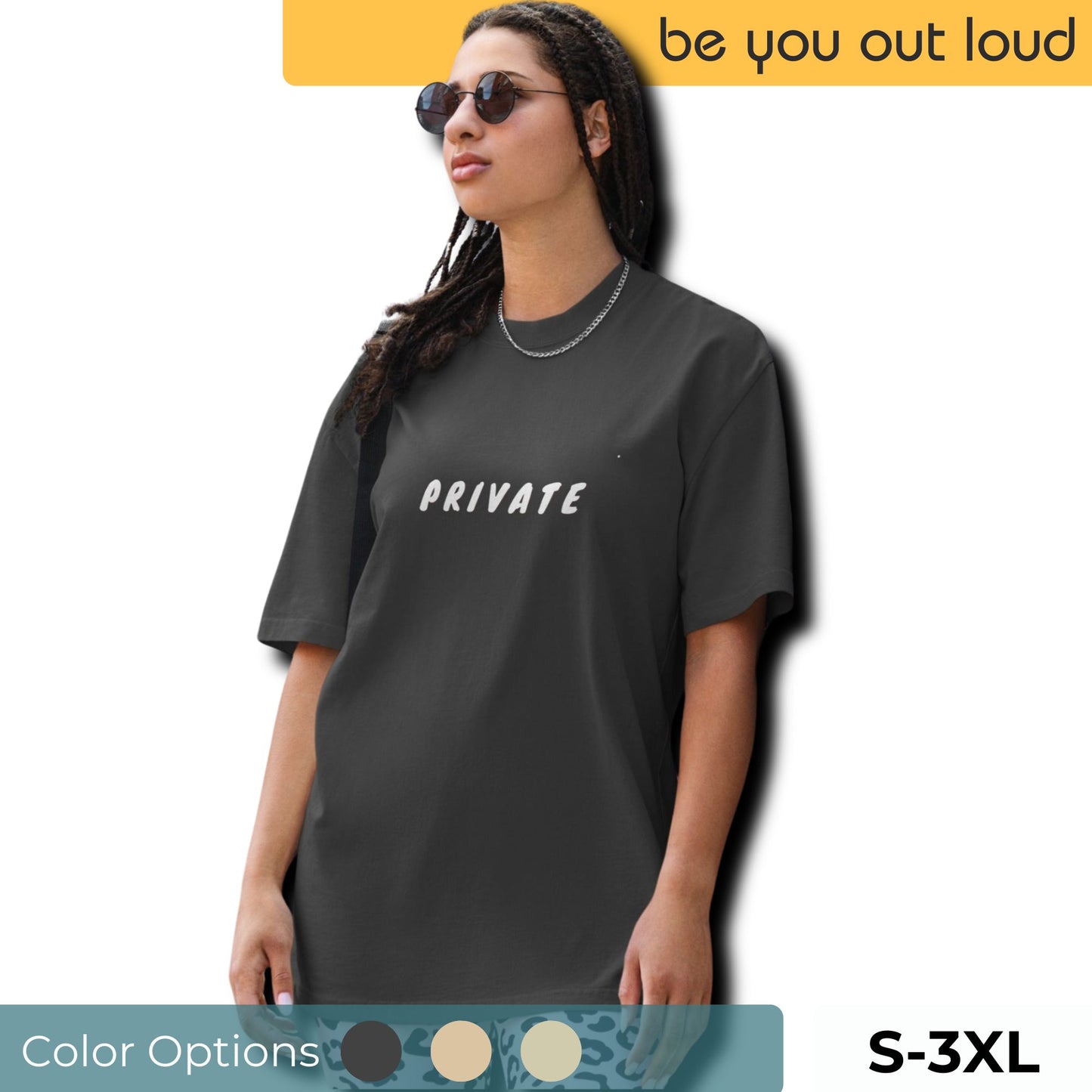 A person is styled in a casual faded black  t-shirt with the word "PRIVATE"  on the front. The size is available from s-3xl