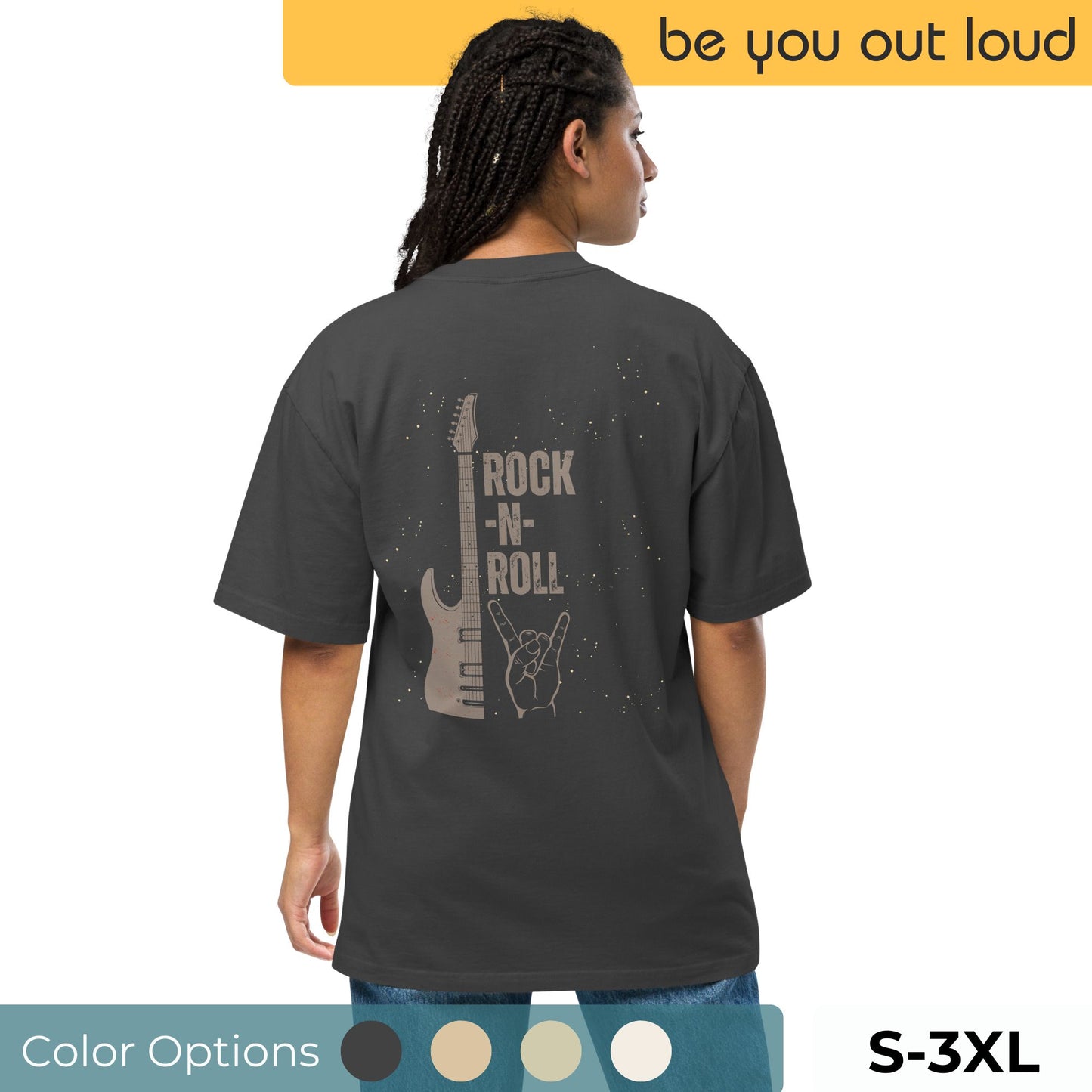 Rear view of a stylish woman wearing a Women’s Rock-N-Roll Oversized Tee in dark gray with a classic white electric guitar and rock hand sign graphic. Shirt available in sizes S-3XL, with a palette of color options displayed.