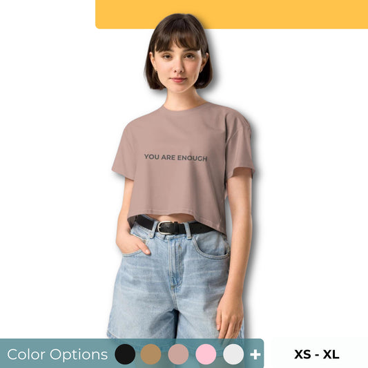 Women’s Loose-Fit Crop Top with "You are enough" slogan in various colors and sizes, XS to XL.