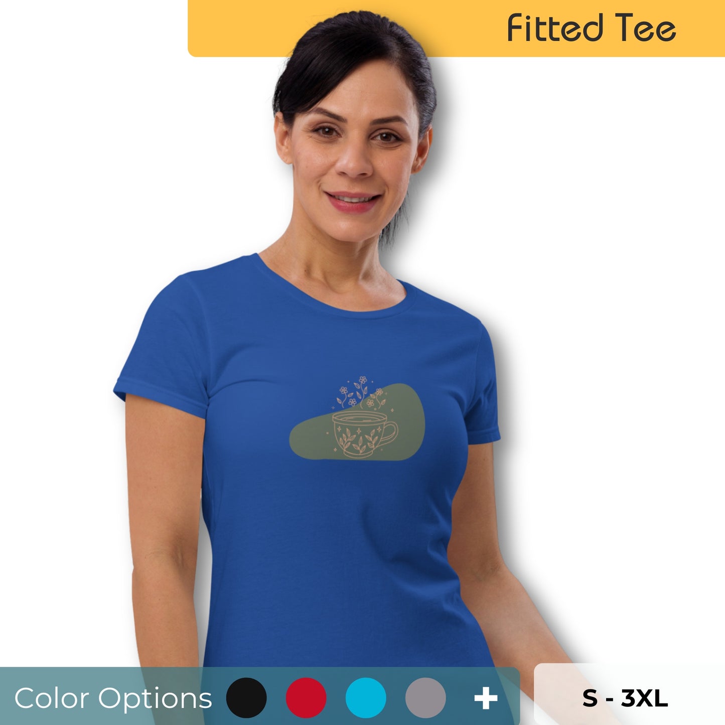 Woman wearing a fitted tee with a floral mug design, highlighting a blend of comfort and subtle elegance by BYOL. Showing there are multiple color and size options