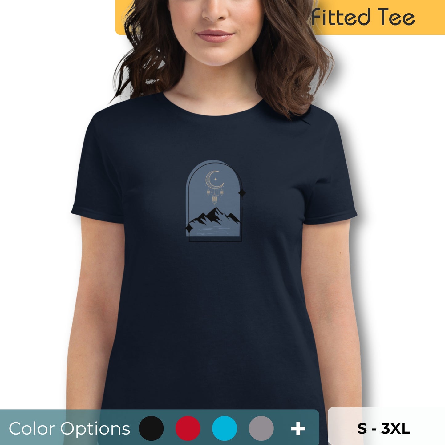 Woman wearing a fitted tee with a moonlit mountain design, showcasing serene and comfortable fashion by BYOL. Showing that there are multiple color and size options to choose from