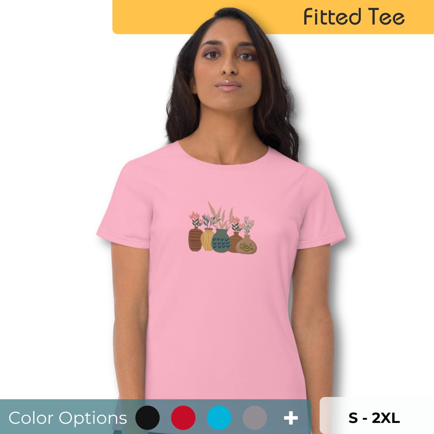 Woman wearing a pink fitted tee with a charming potted plants design, embodying subtle self-expression and nature-inspired style by BYOL. Showing that there are multiple colors and size options