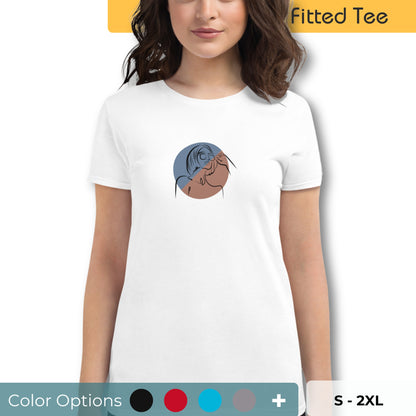 Woman wearing a fitted tee with an abstract face design, showcasing artistic and comfortable fashion by BYOL. Showing that there are multiple color and size options