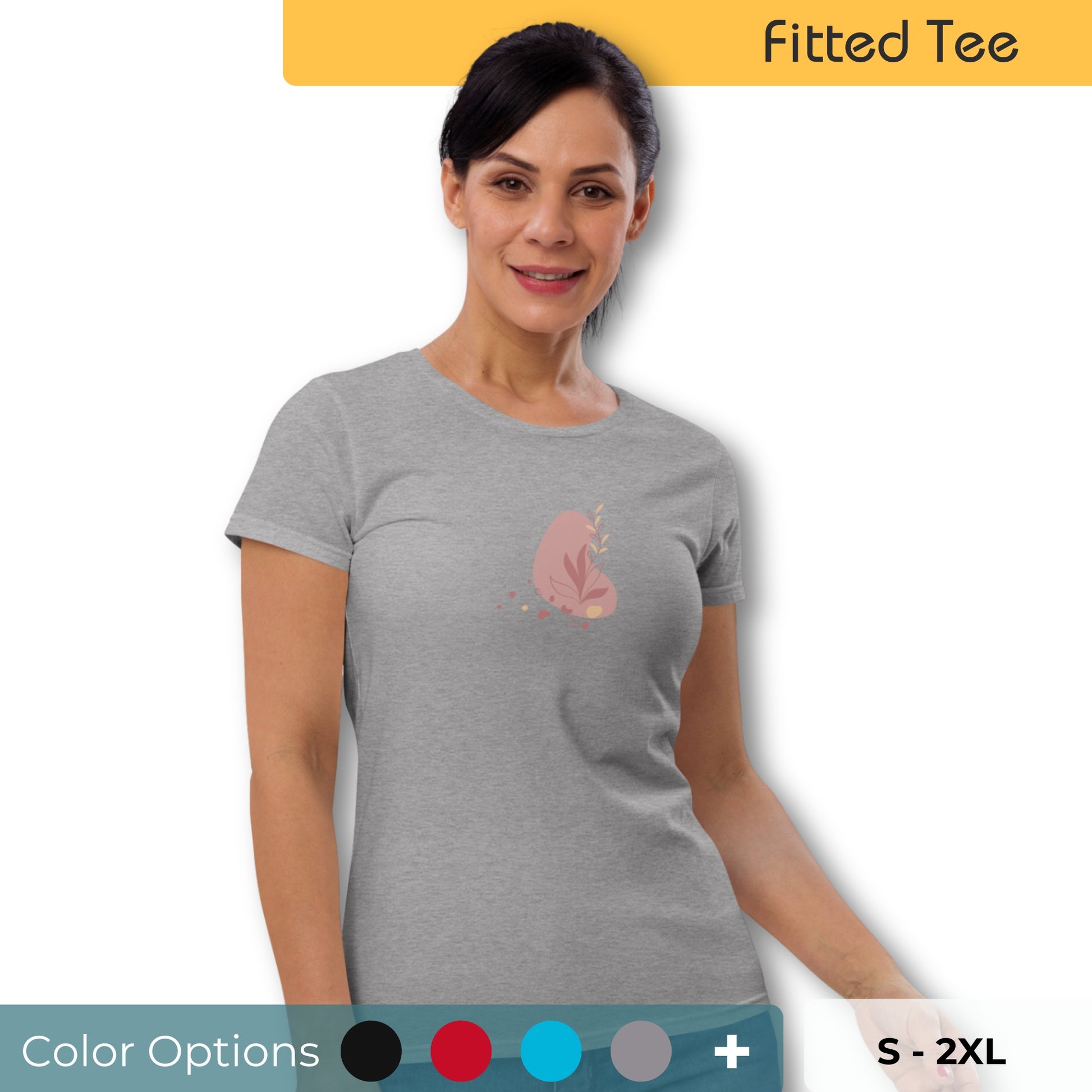 Woman wearing a fitted tee with a soft bloom design, reflecting a blend of comfort and subtle elegance by BYOL. Showing that there are multiple color and size options