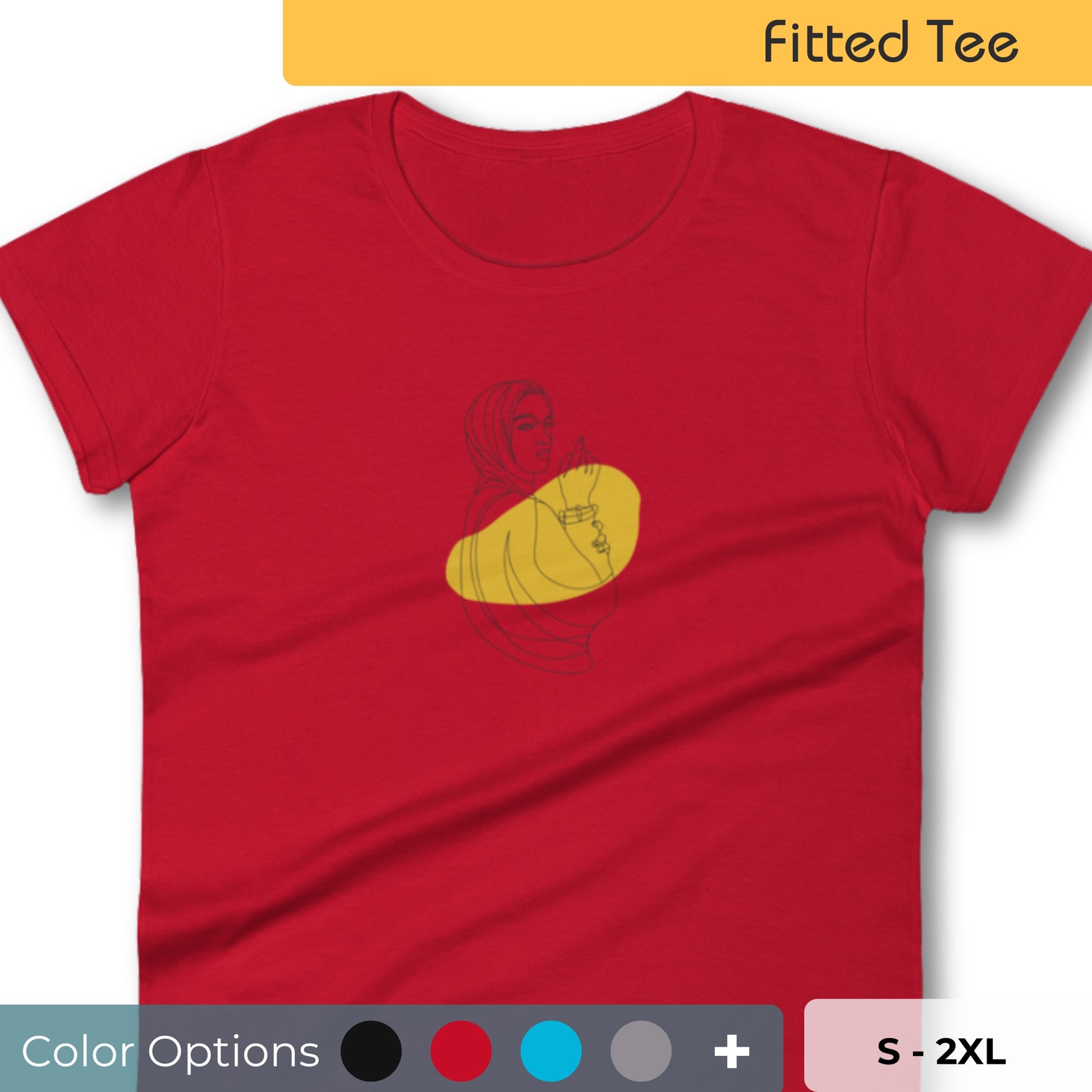 Woman wearing a red fitted tee with an empowered silhouette design in yellow, showcasing subtle yet impactful self-expression by BYOL. Showing that there are multiple color and size options