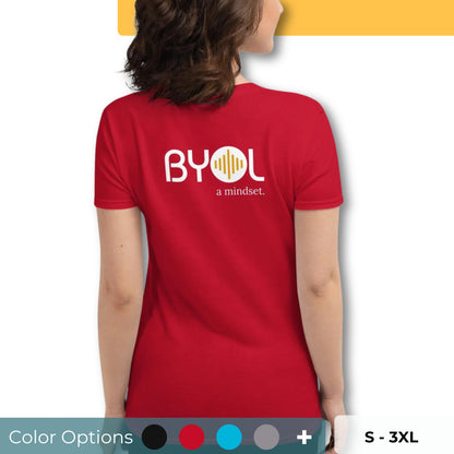 Back view of a woman wearing a red BYOL mindset t-shirt with color options in black, red, blue, gray, and white, available in sizes S to 3XL.