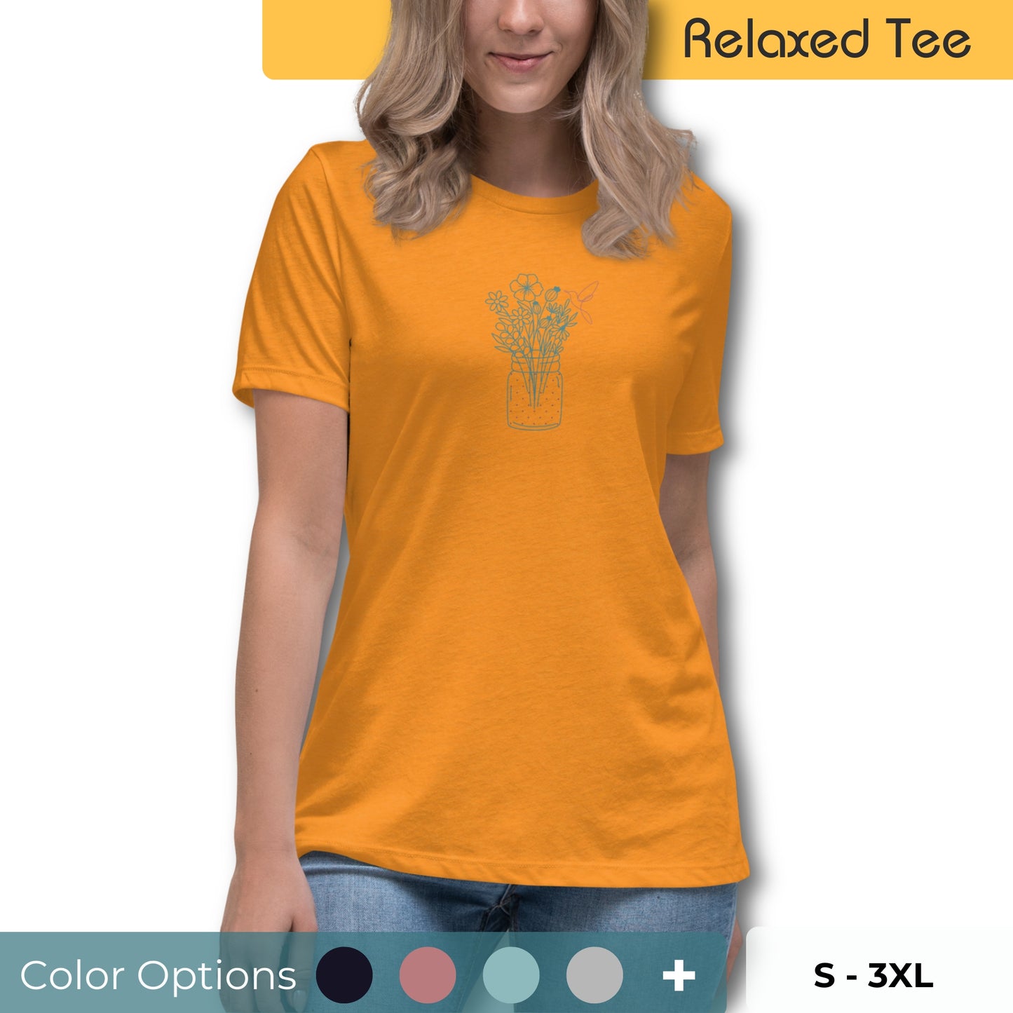 Woman wearing a relaxed tee with a delicate floral jar graphic design, representing comfortable and authentic fashion by BYOL. Showing options for multiple colors and sizes