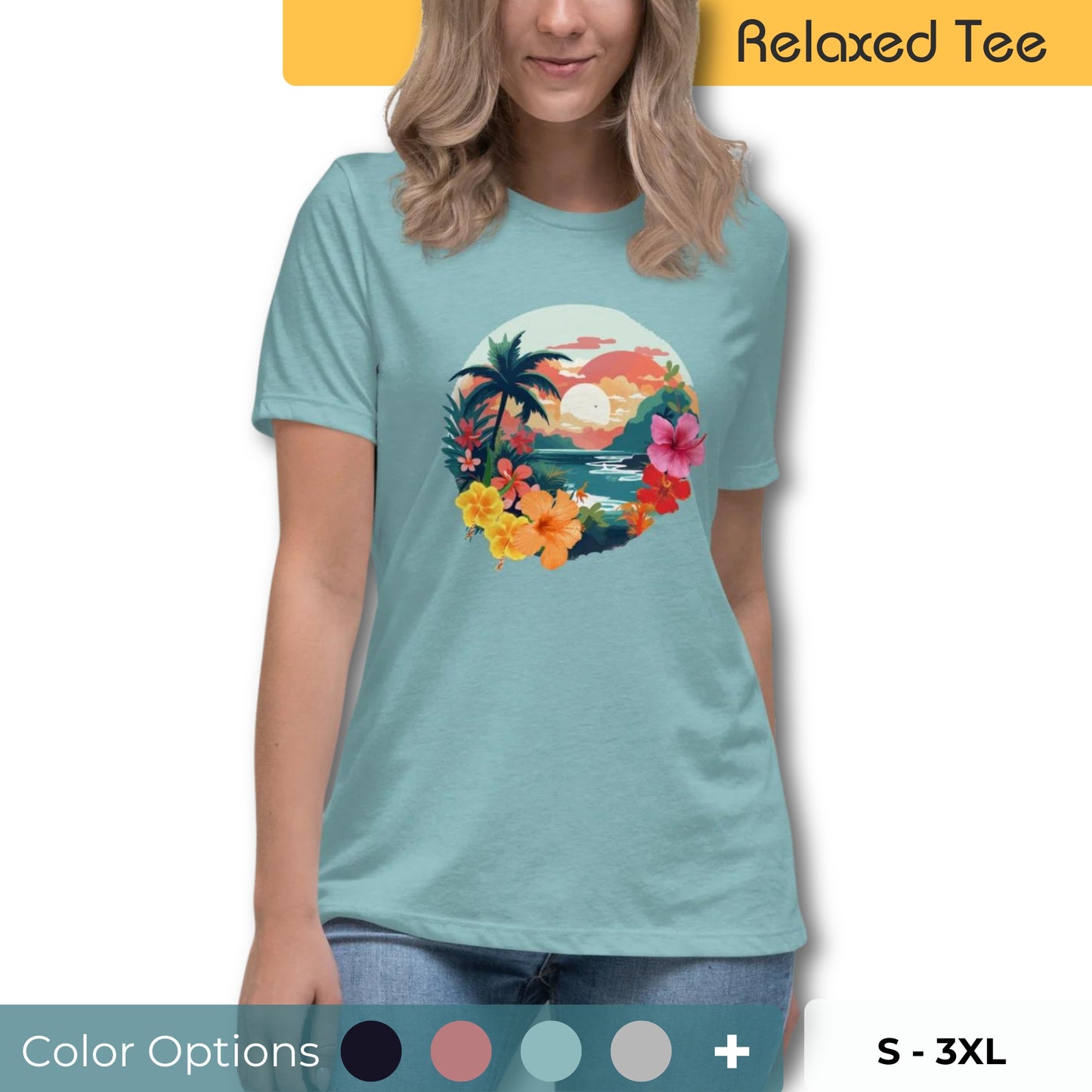 Woman with blonde hair wearing a light teal relaxed tee featuring a colorful tropical floral and sunset circle graphic design, available in various colors, sizes S-3XL