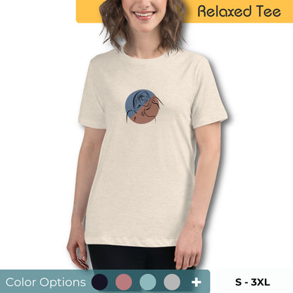 Woman wearing a relaxed tee with a minimalist portrait graphic design, representing comfortable and authentic fashion by BYOL. Showing multiple color and size options