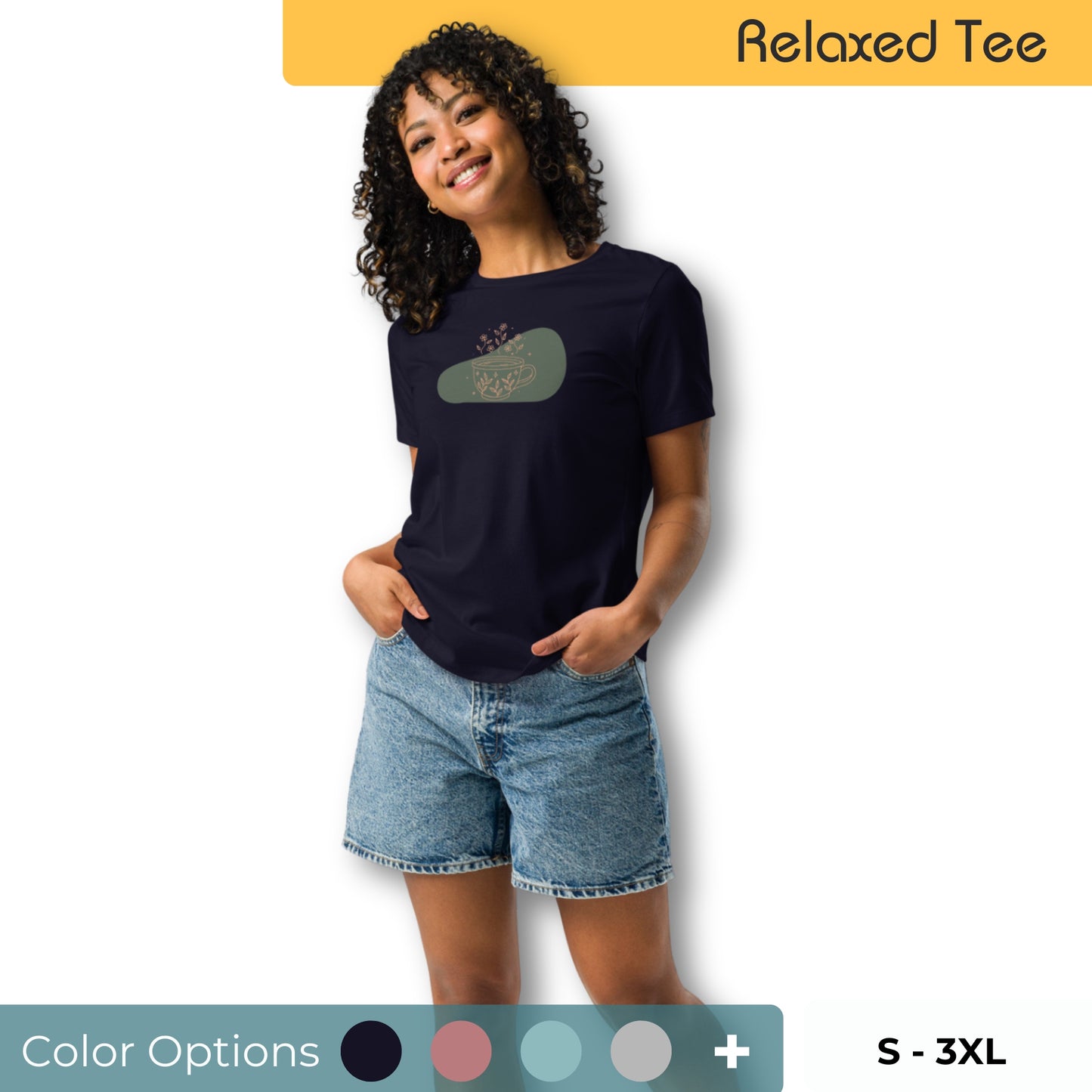 Woman wearing a relaxed tee with a subtle floral coffee cup graphic design, representing comfortable and authentic fashion by BYOL. Shows multiple color and size options are available