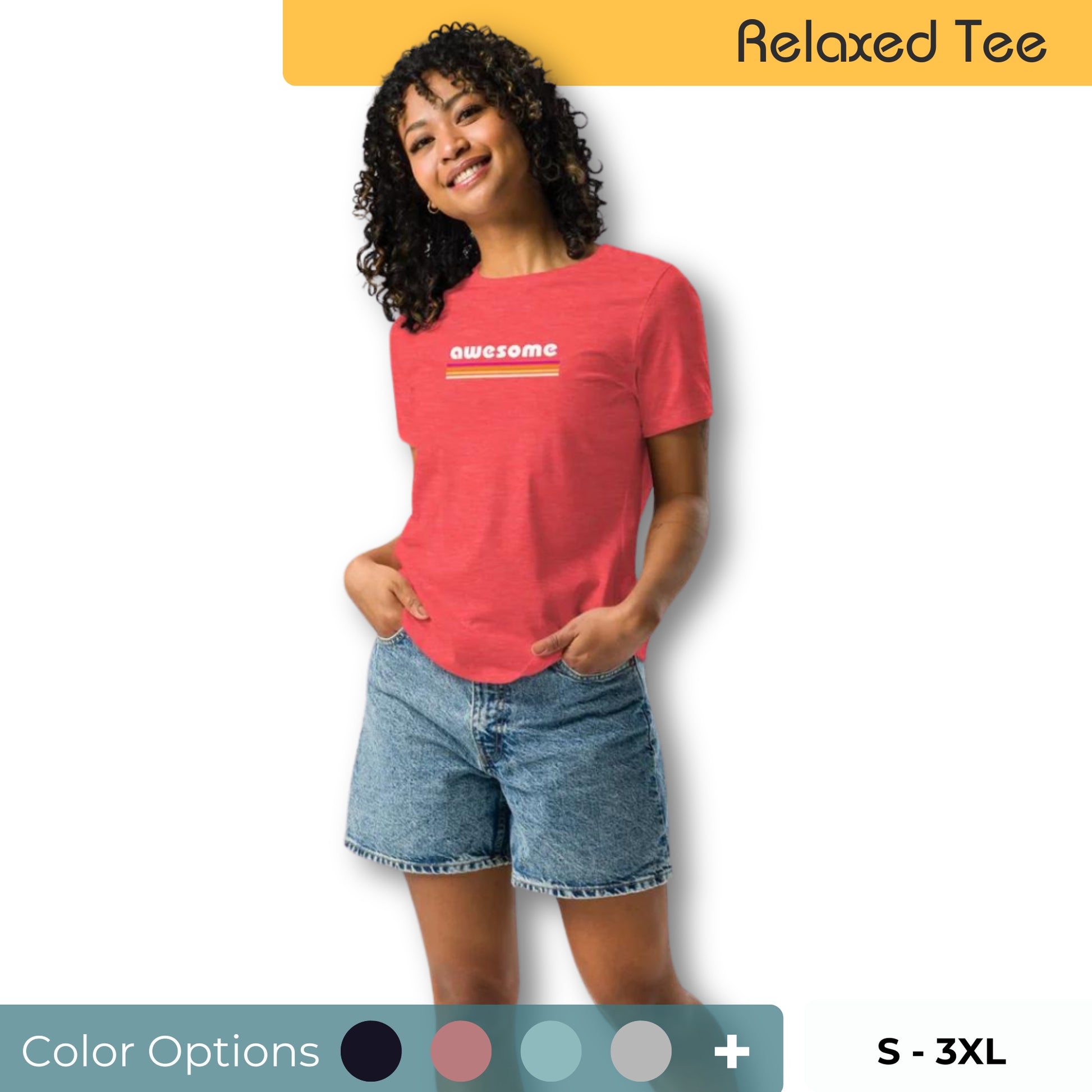 Cheerful woman with curly hair wearing a coral red relaxed tee with the word 'awesome' in white, paired with denim shorts, available in multiple colors, sizes S-3XL