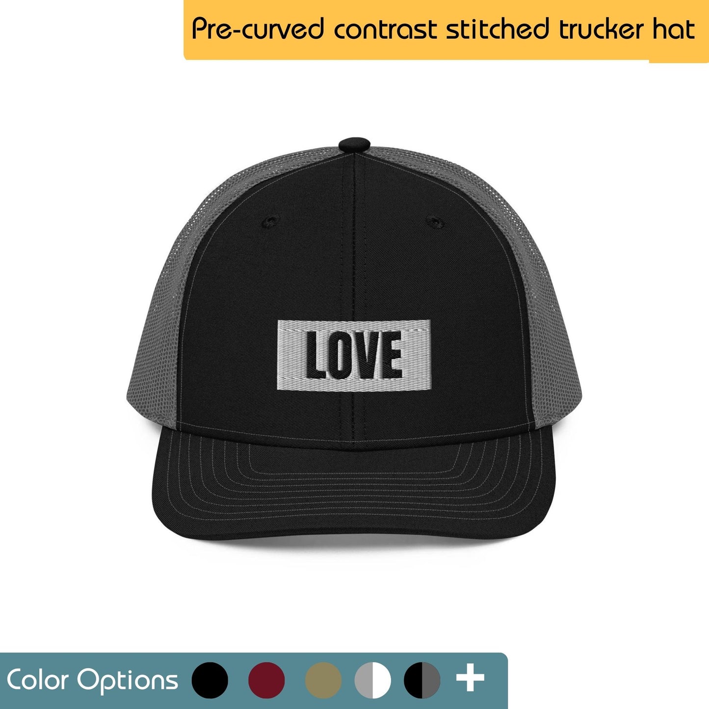 Black trucker hat with the word "COAST" embroidered in white diagonal lettering across the front. Text "Trucker Hat" is written above the image. There are also swatches showing multiple color options.