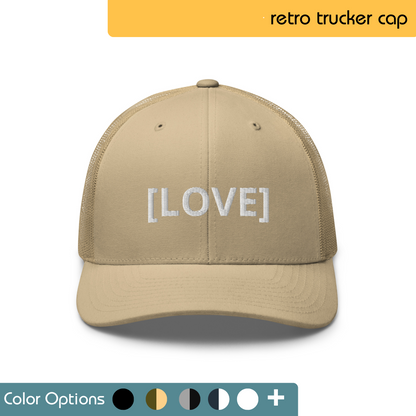 Tan trucker hat with the word "LOVE" embroidered in red across the front. Text "Love Trucker Hat" is written above the image, and "Color Options+" is written below the image.