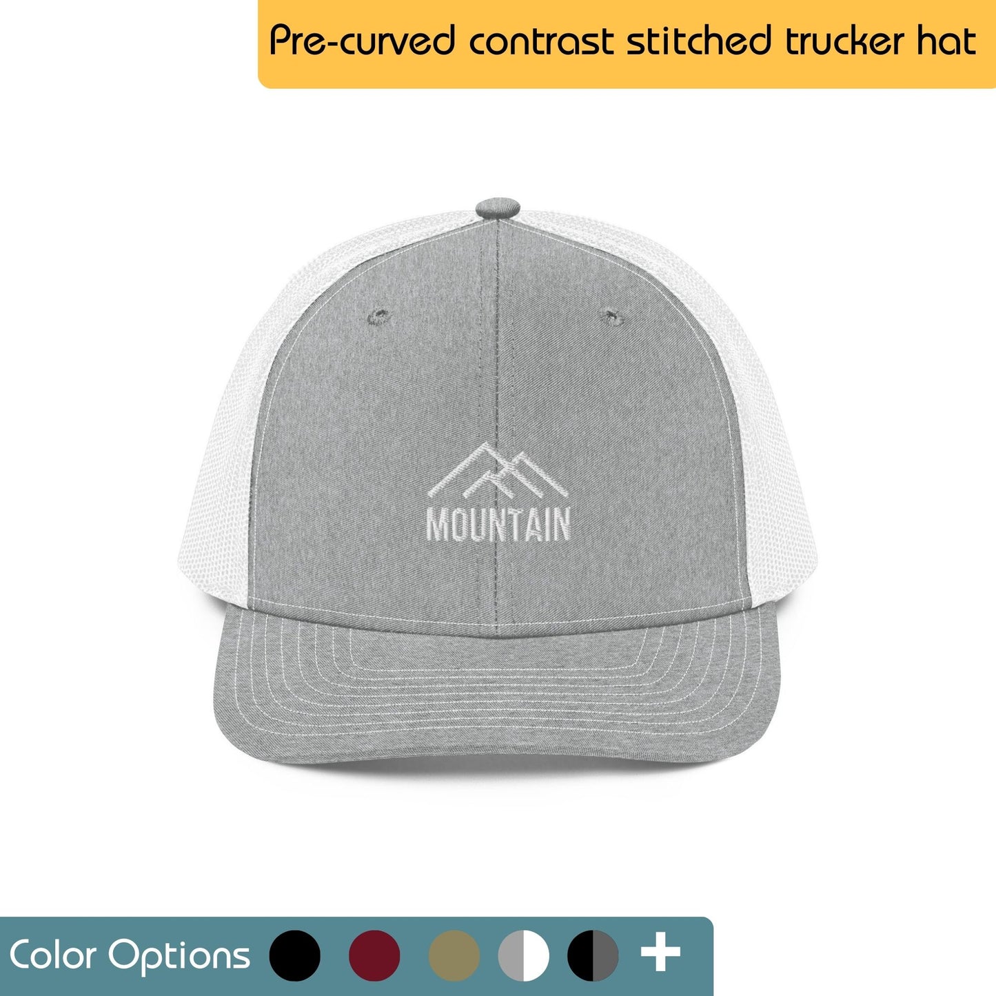 Brown trucker hat with a mountain logo embroidered on the front. The text "Montanero" is embroidered below the mountain logo. Text "Trucker Hat - Mountain" is written above the image. There are also swatches showing multiple color options.