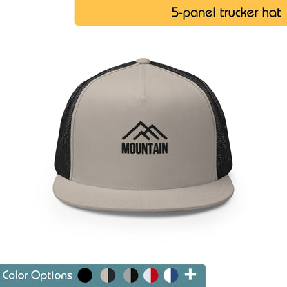 Brown trucker hat with the word "MOUNTAIN" embroidered on the front. The text is white. Text "5-Panel Trucker Hat" is written above the image, and "Color Options+" is written below the  image.