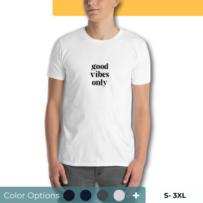 A person is depicted wearing a white t-shirt that has the phrase "good vibes only" printed in black, centered text with the word "GOALS" written in smaller letters above. Beneath the image, there's a range of color swatches for other t-shirt options and the text "SIZES: S-3XL," denoting the available sizes for the shirt.