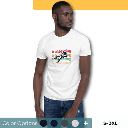 Man in a black 'Trailblazing' soft cotton t-shirt, perfect for showcasing bold leadership and style. Below the image are swatches to indicate color options and size options