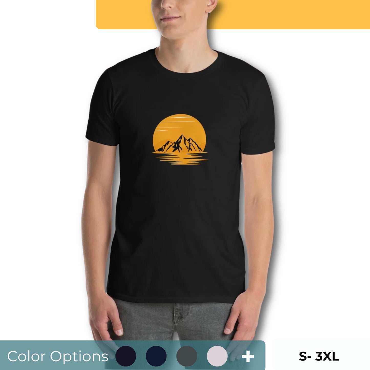 Man wearing a black soft cotton t-shirt with a mountain sunset design, perfect for inspiring bold self-expression showing the color and size options