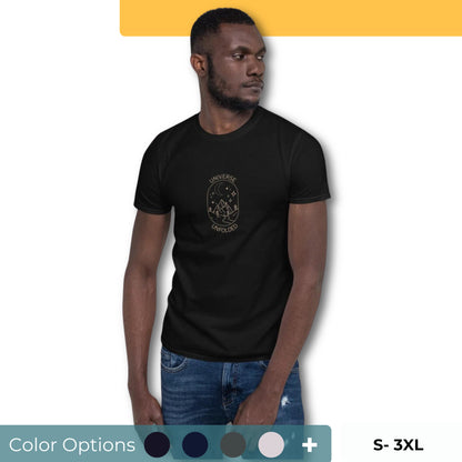 Man in a black soft cotton t-shirt featuring an astrological universe design showing the color and size options